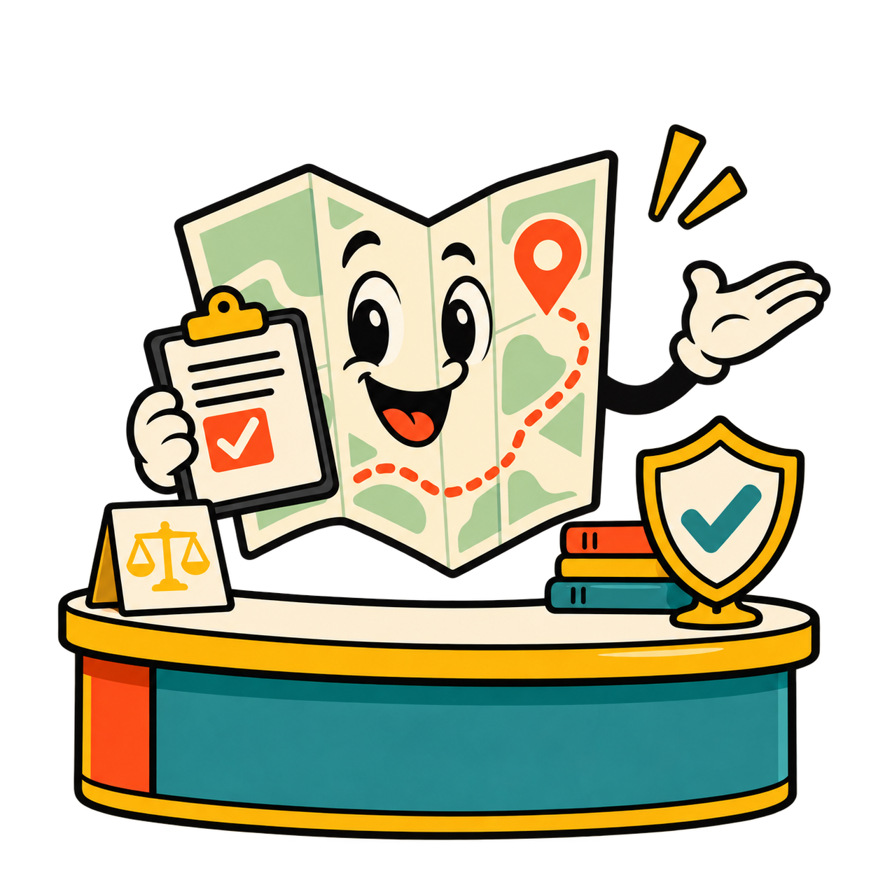 Map Trail mascot at the help desk with compliance documents