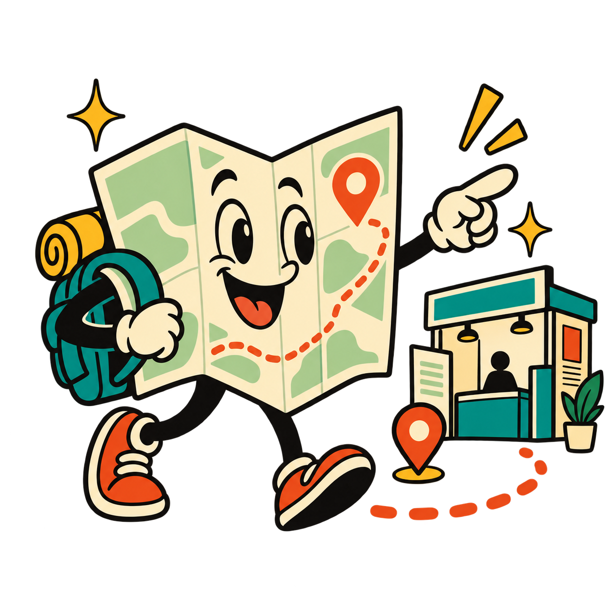 Map Trail mascot pointing toward an exhibitor booth