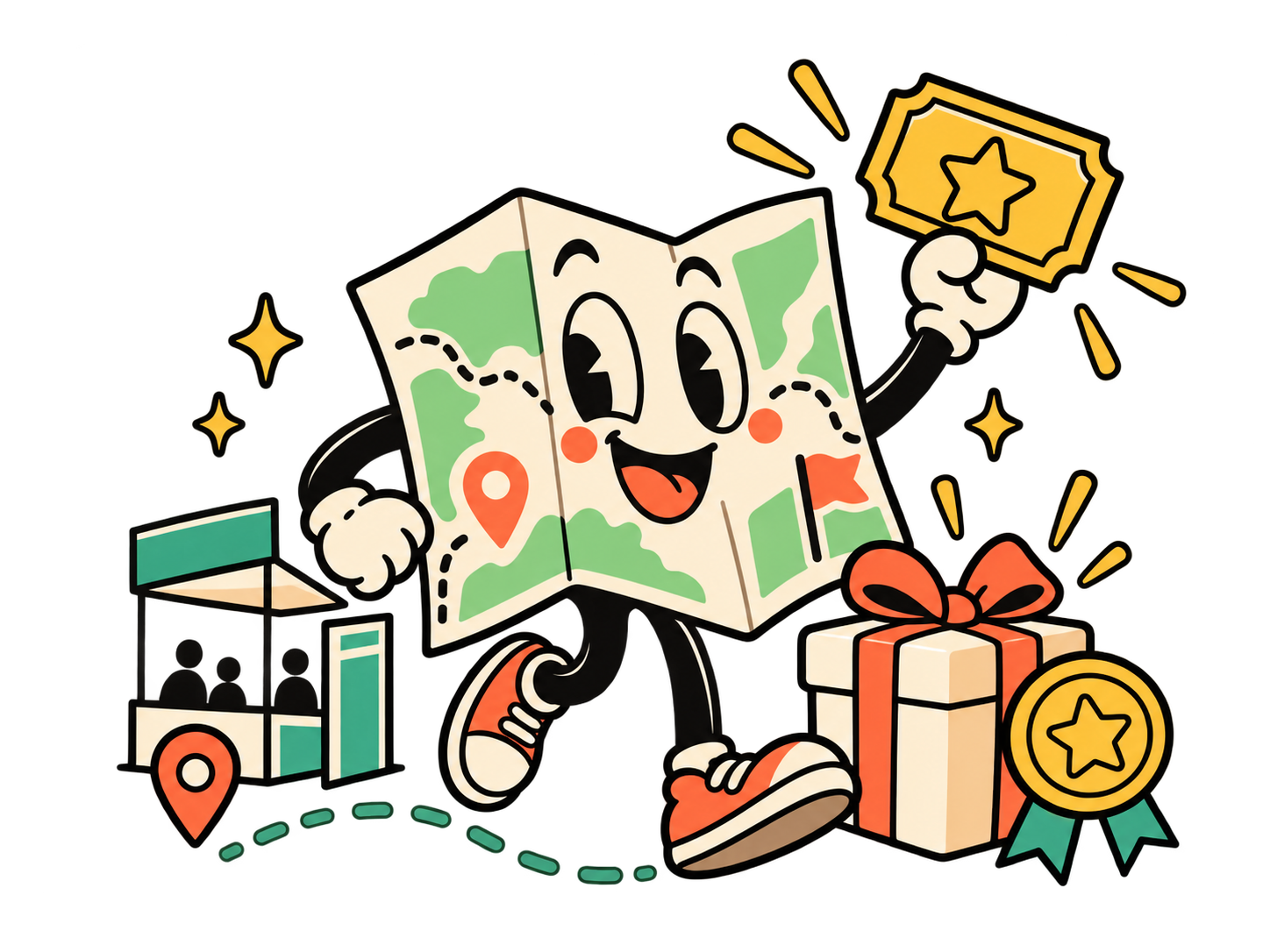 Map Trail mascot holding a reward ticket beside a gift box
